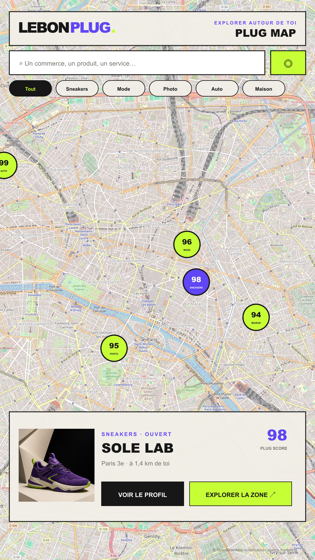 La carte LEBONPLUG affichant les professionnels à proximité